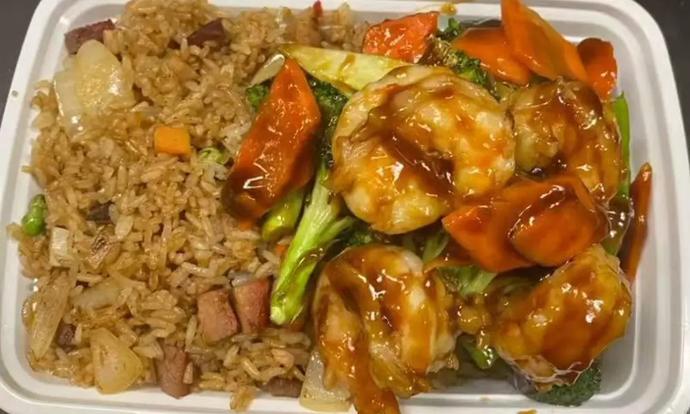 Juicy shrimp and mixed veggies with savory fried rice at Nihao, a Chinese Restaurant in Lexington