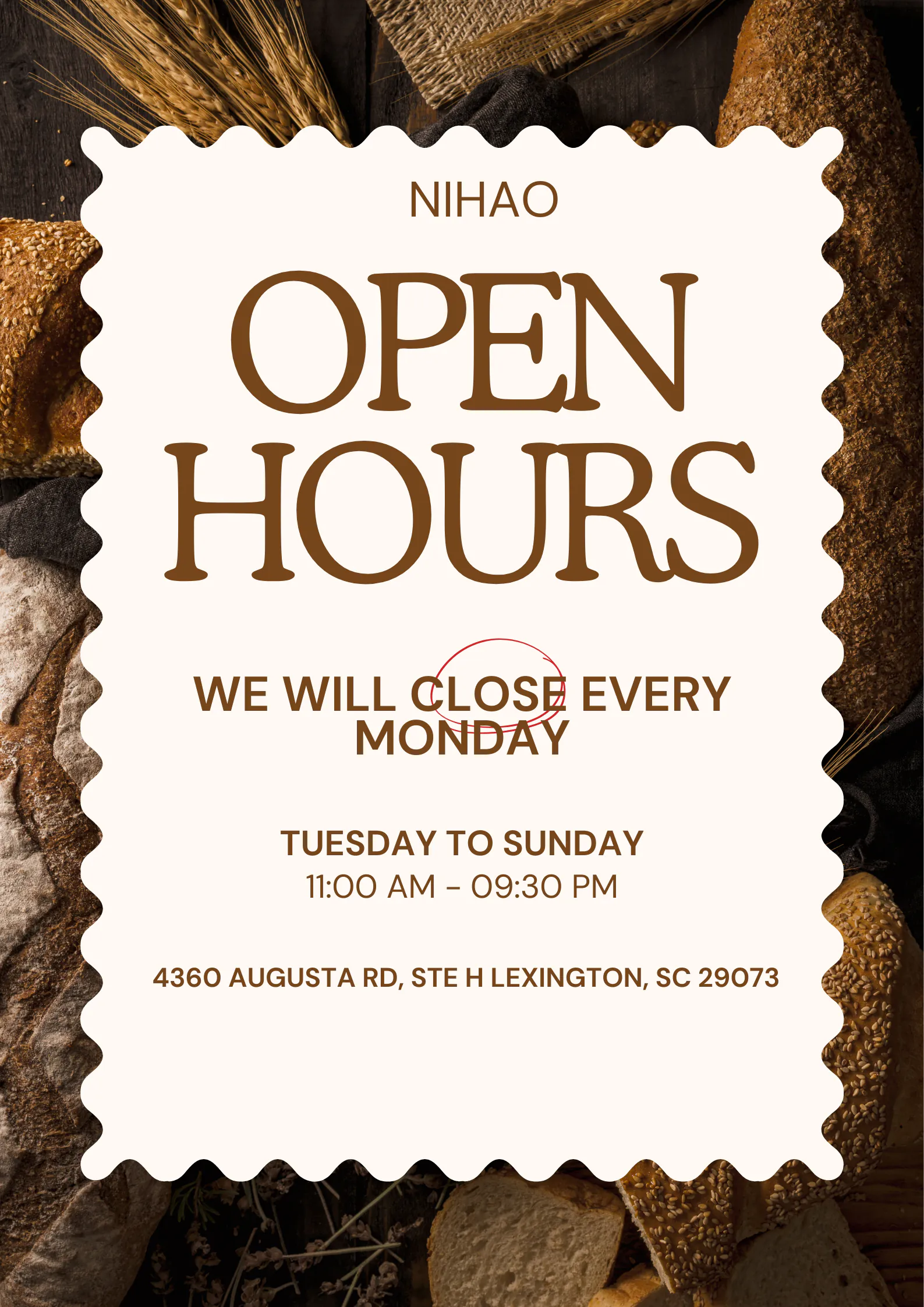 Nihao bakery closed Mondays, open Tue–Sun 11 AM–9:30 PM at 4360 Augusta Rd, Lexington, SC 29073